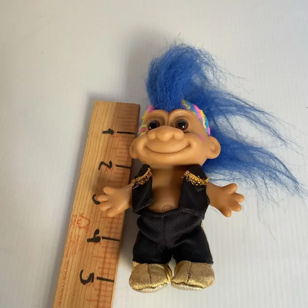 Vintage Russ Troll Doll Blue Hair Rainbow Sides Gold Shoes 1990s Collectible - Picture 8 of 9